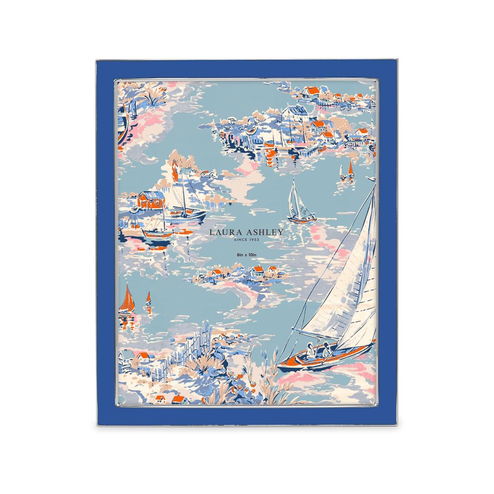 Laura Ashley 8x10 Riverside Blue Enamel Picture Frame, Silver Metal Edge with Easel, for Countertop, Tabletop Display, Bookshelf